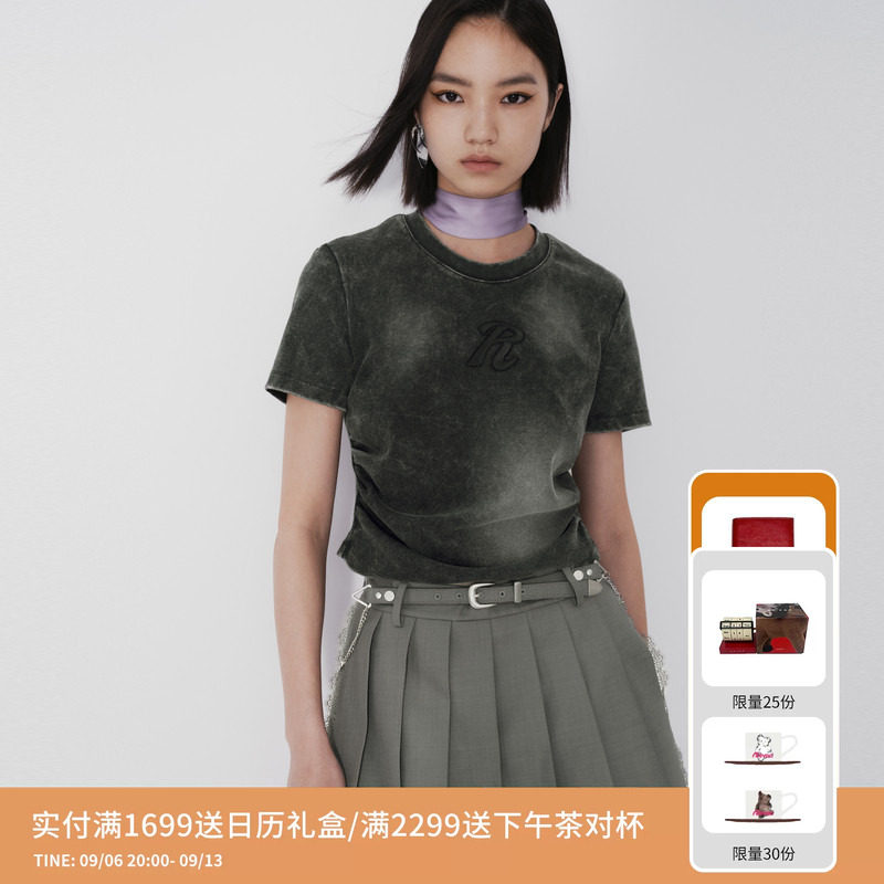 REVAN芮范设计师款美式微收褶深灰色T恤RM71001003