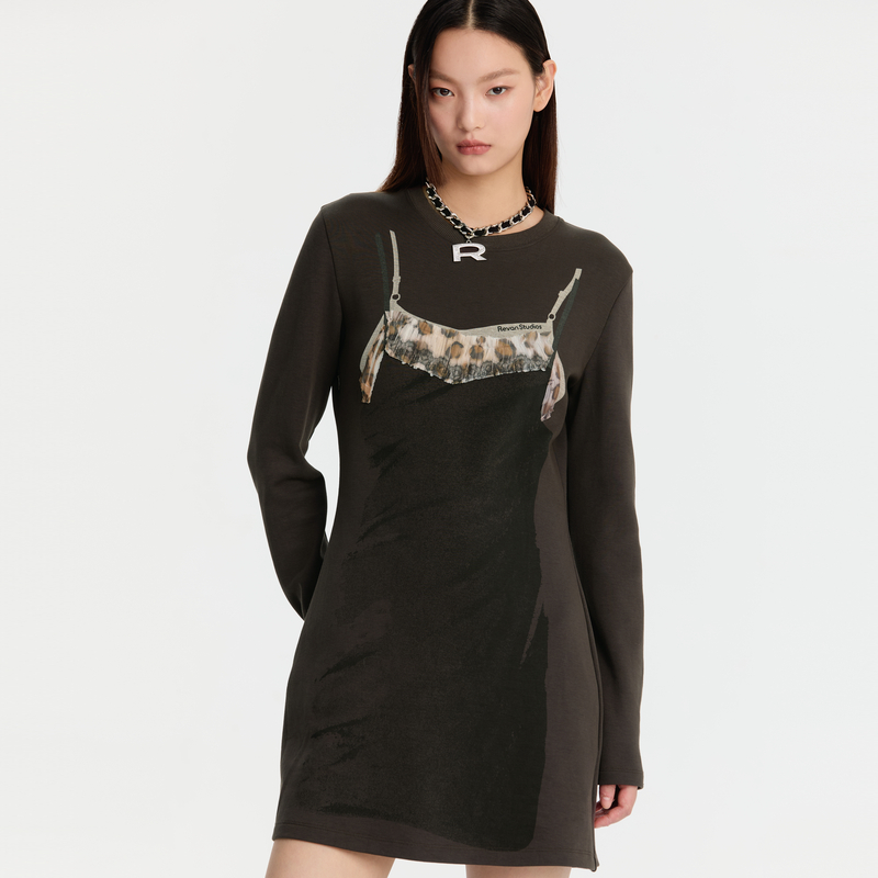 REVAN芮范设计师款废土风咖色小A摆连衣裙RM91101013