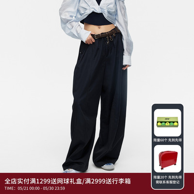 REVAN芮范设计师款垂坠感藏青高腰褶皱阔腿裤RK31301148