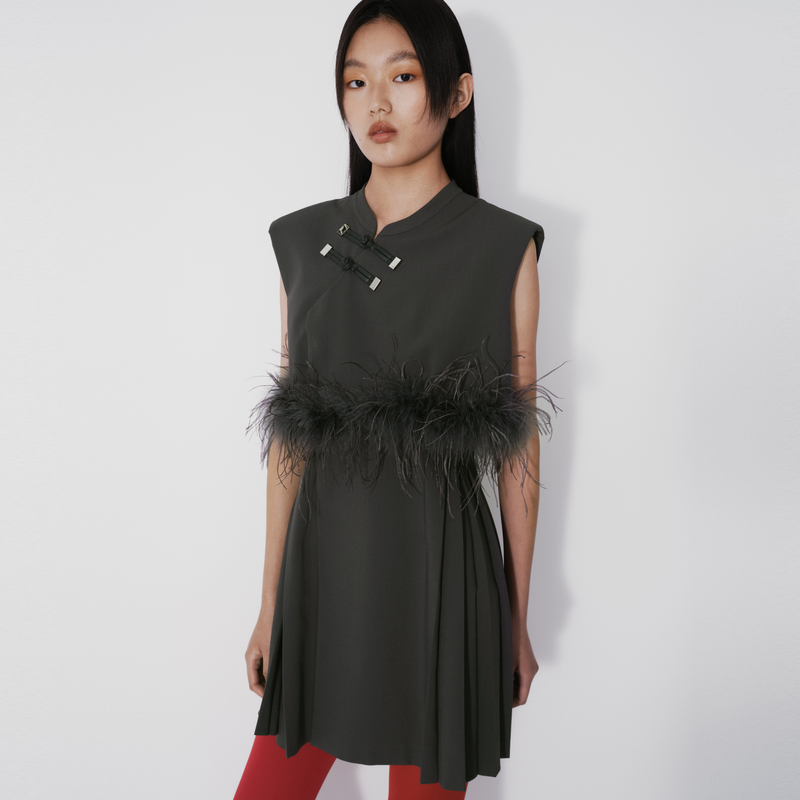 REVAN芮范2024秋季新品设计师款新中式毛条灰色连衣裙RM71101150