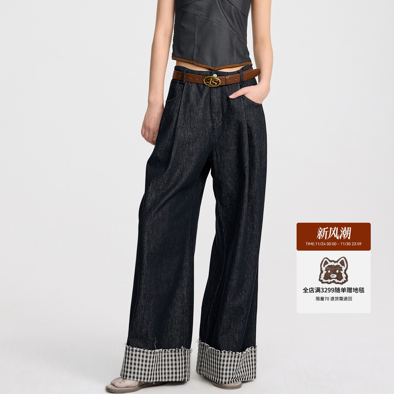 REVAN芮范2025夏季新品设计师款经典格纹脚口牛仔裤RL31302114