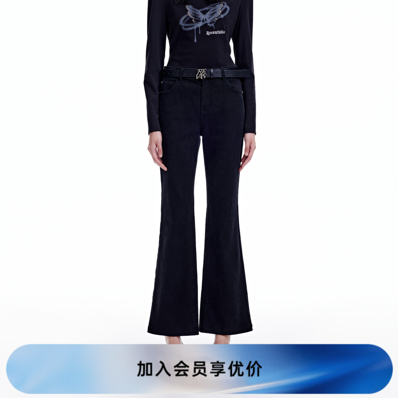 REVAN芮范2023冬季新品设计师款辣妹风黑色弹力牛仔裤RN91302094