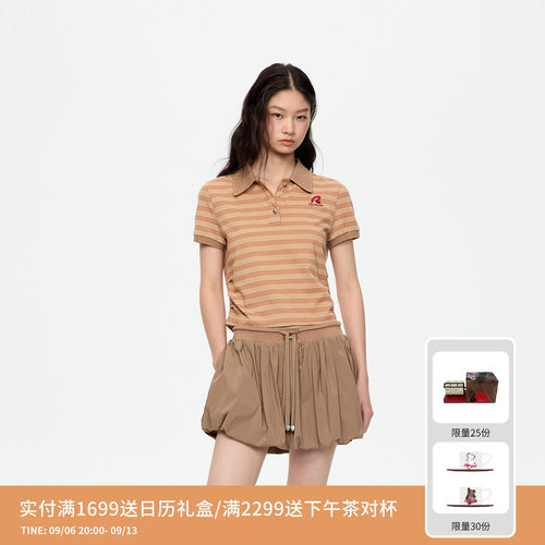 REVAN芮范设计师款甜酷感小刺绣卡其条纹polo套装RK72403255