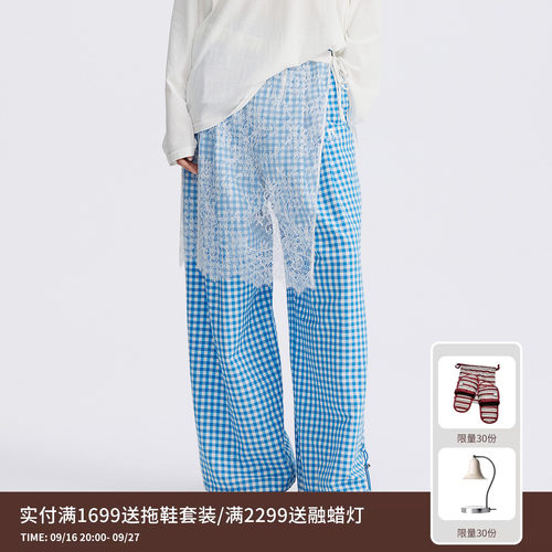 【鞠婧祎同款】REVAN芮范蓝白色格纹休闲裤RL71301063