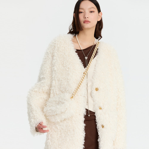 REVAN芮范设计师款假两件米白毛毛外套RM90110259