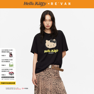 REVAN芮范黑皮HelloKitty假日感鱼子酱黑色宽松T恤RK31001039
