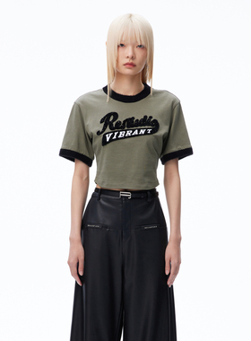 REVAN芮范设计师款高级感墨绿仿貂毛边T恤RN71001002