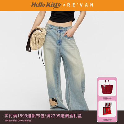 REVAN芮范黑胶唱片黑皮HelloKitty弯刀牛仔裤RK31302027