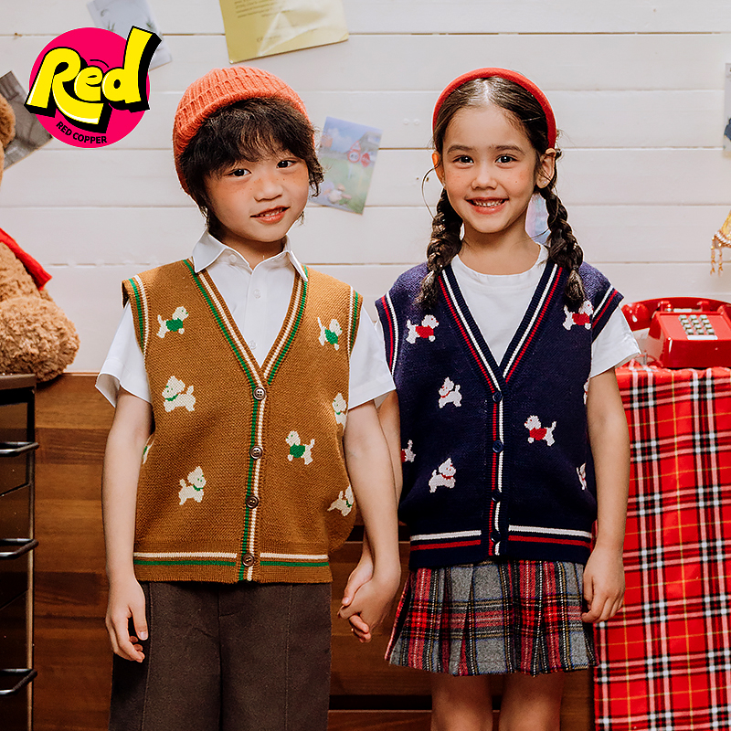 redcopper童装男童女童2025新款秋季儿童马甲小狗针织毛衣外套潮