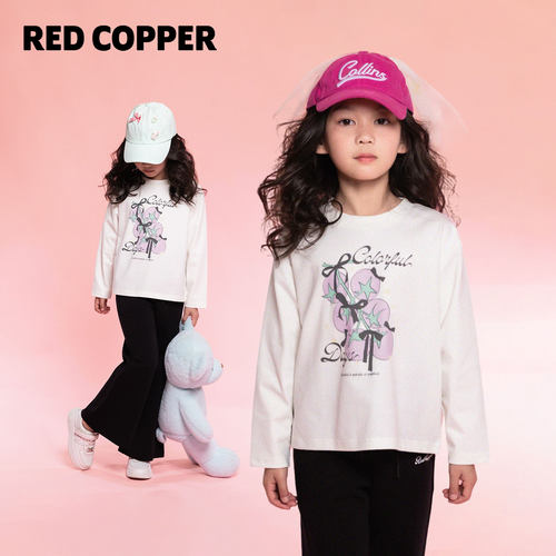 redcopper2026早春新款男女童简约蝴蝶结葡萄印花长袖T恤CH122430