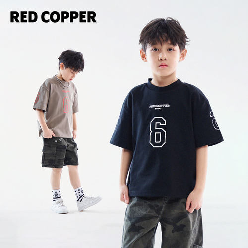 redcopper2026春夏新款儿童美式简约字母刺绣双色短袖T恤CH252529