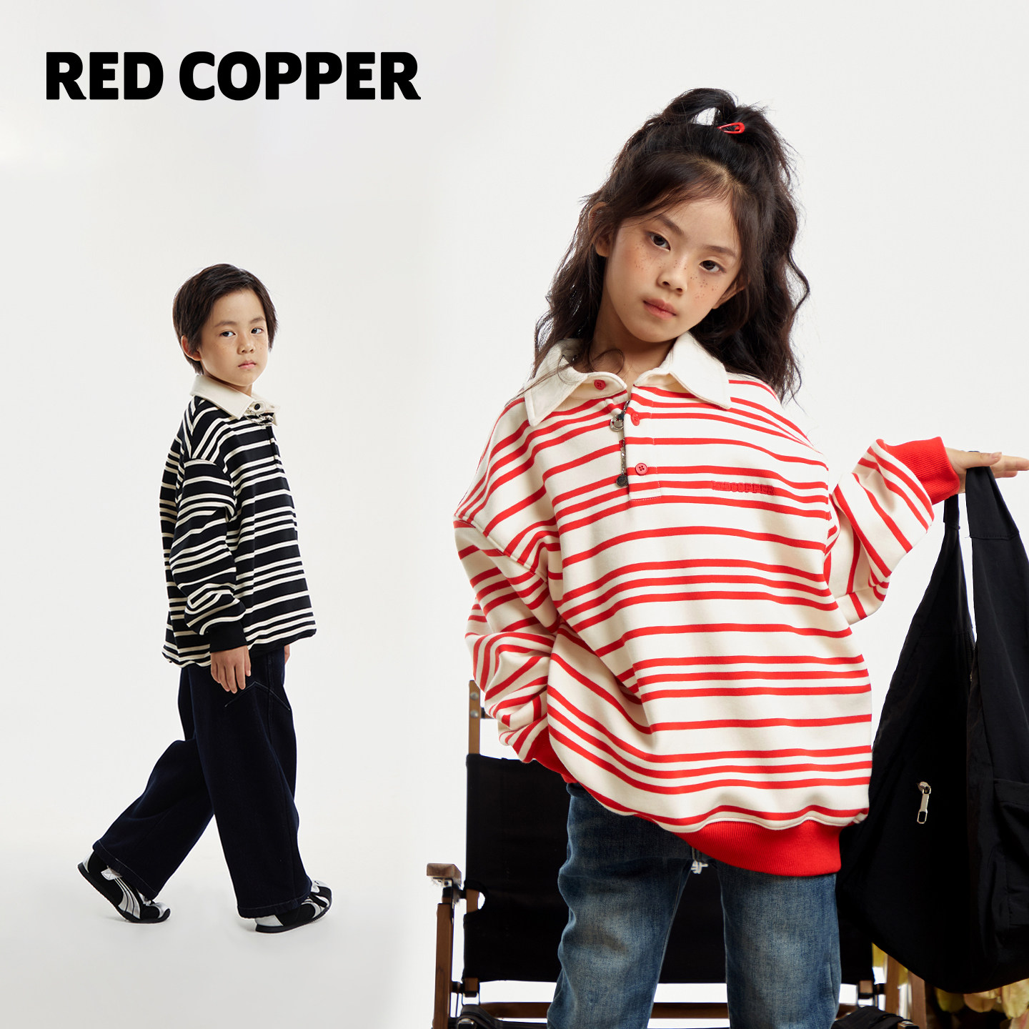 redcopper2026秋冬季新款翻领条纹美式学院风双色休闲加绒厚款T恤