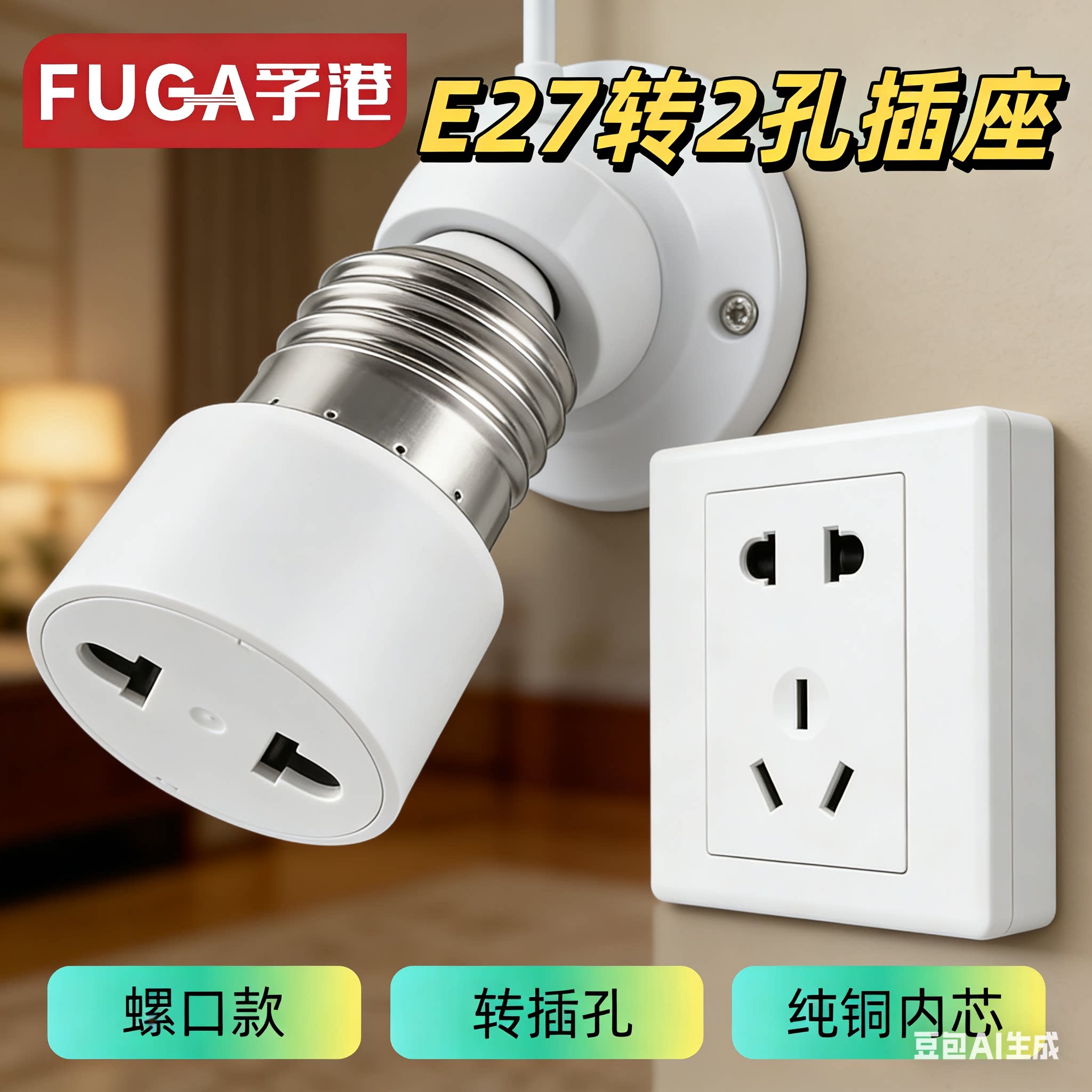 E27转国标两扁二插两圆灯头螺口转换万向老化灯座灯架美规插头