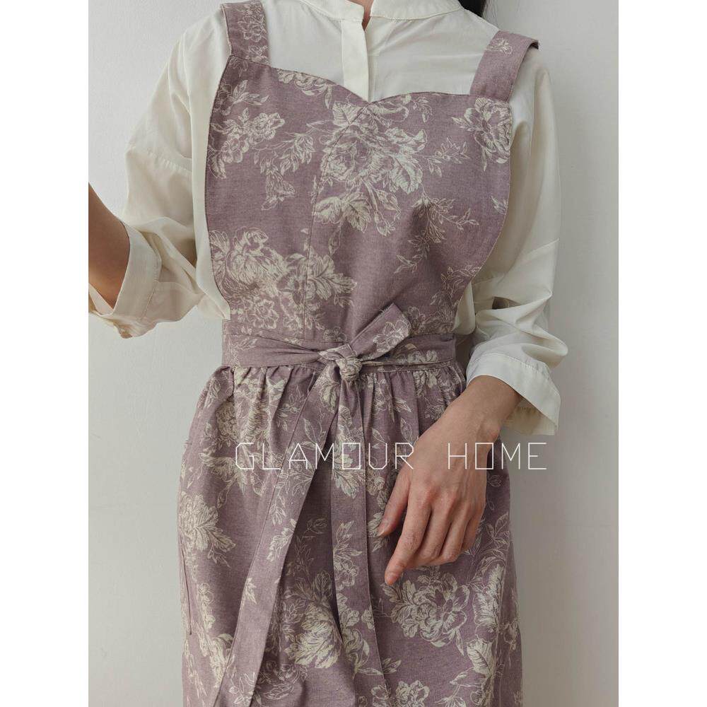 高档出口印花亚麻围裙，法国厨房，日本和韩国吊带围裙，花长腰带