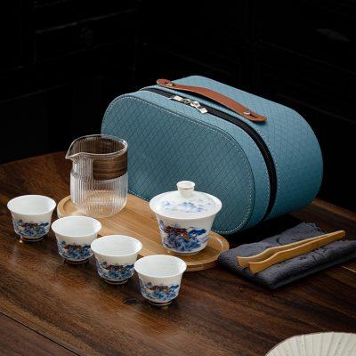 旅行茶具功夫套装家用羊脂玉陶瓷盖碗茶杯户外茶盘便携包定制送礼