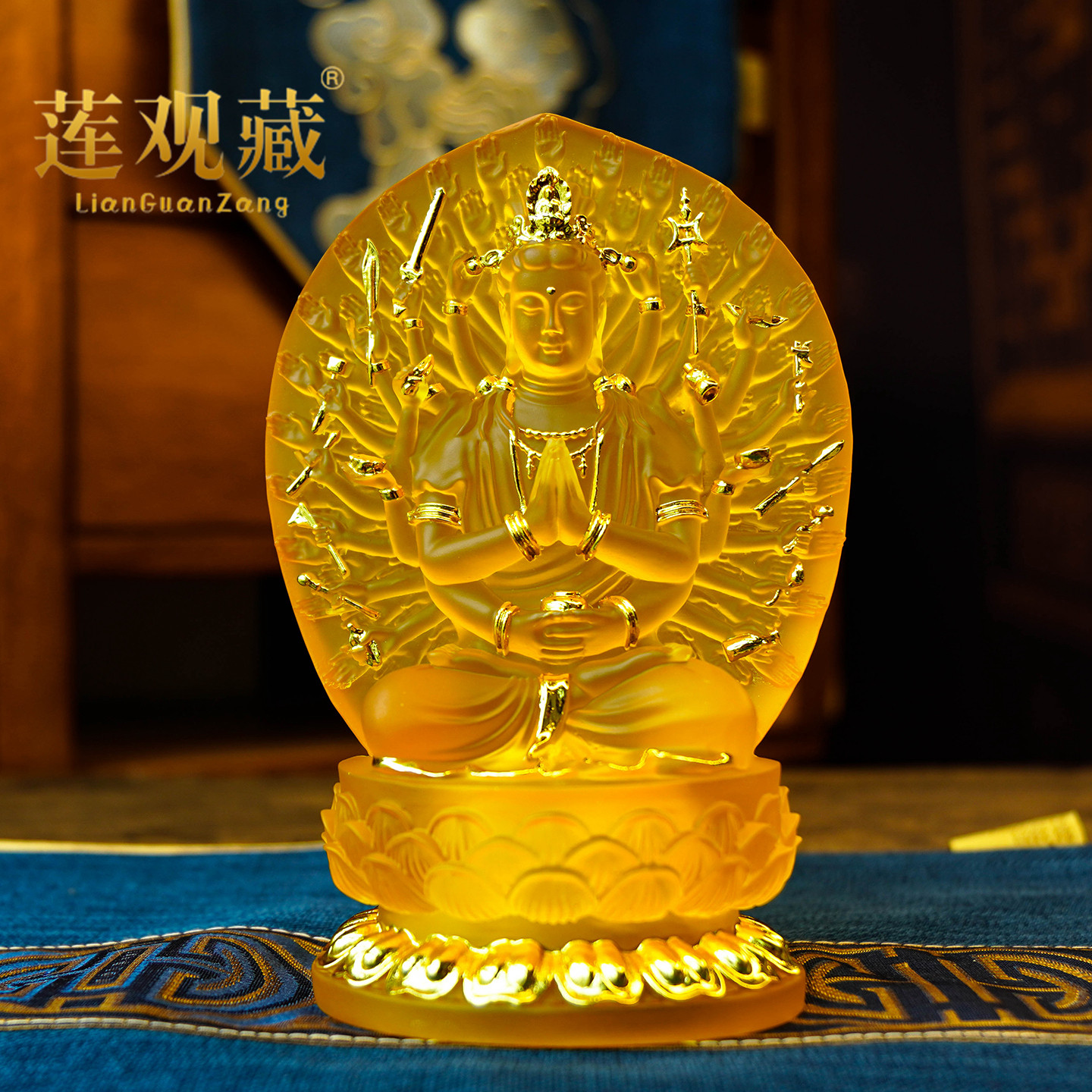 高档水琉璃千手观音菩萨像家居佛堂供奉保平安观世音佛像贴金摆件