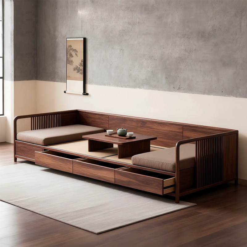 新中式北美黑胡桃木罗汉床高端禅意直排实木沙发别墅酒店家具定制,住宅家具,实木沙发,淘宝优惠券,粉丝福利购,淘宝优惠卷