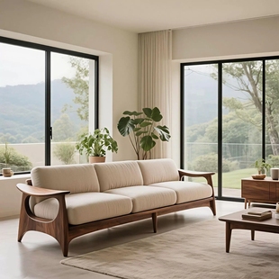 新中式北美黑胡桃木实木直排沙发高端轻奢客厅布艺四人位沙发家具