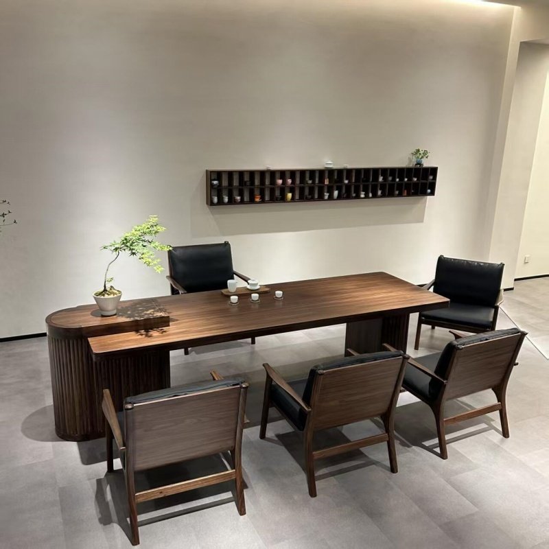 新中式实木茶桌现代高级感北美黑胡桃木茶台酒店别墅客厅办公茶室