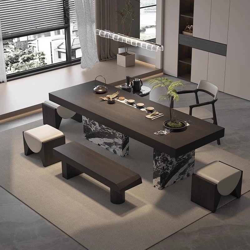 简约现代轻奢岩板茶台新中式大理石茶桌椅组合酒店会所家用高级感