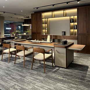 新中式北美黑胡桃木茶桌高端实木大班台泡茶掼蛋桌两用一体老板桌