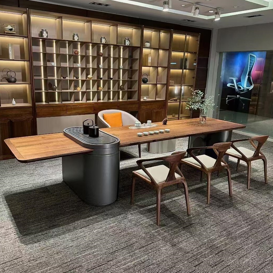 新中式茶桌椅组合北美黑胡桃木现代简约大板泡茶台家用办公室家具