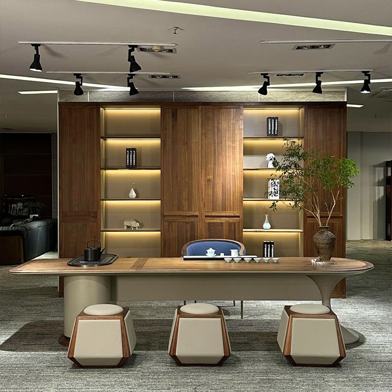 新中式新款茶桌椅北美黑胡桃木现代轻奢茶台高级感设计师茶室定制