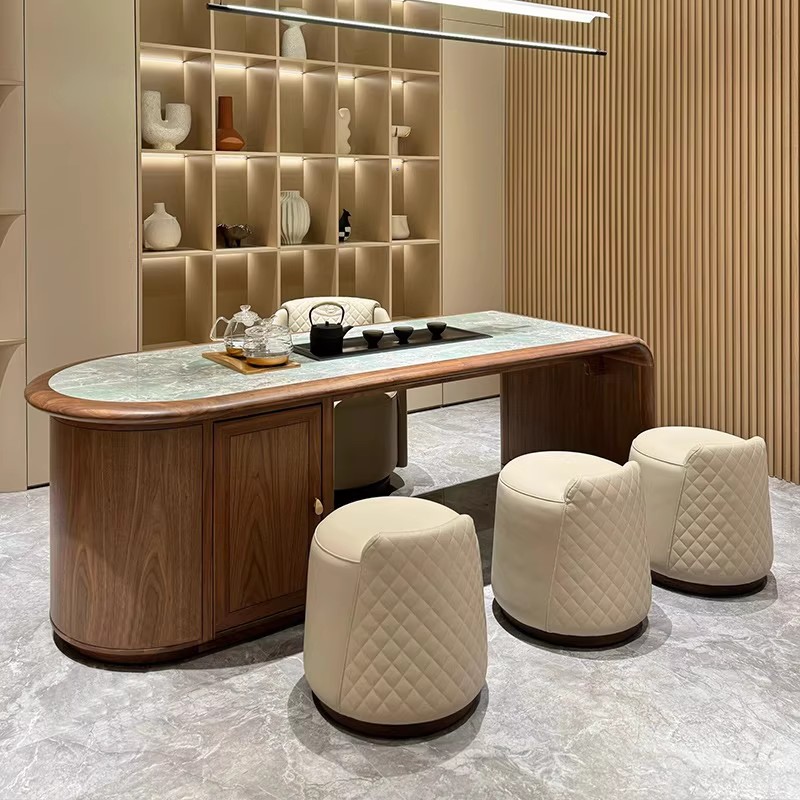 新中式实木茶桌高端岩板茶台北美黑胡桃木现代轻奢家用酒店办公室