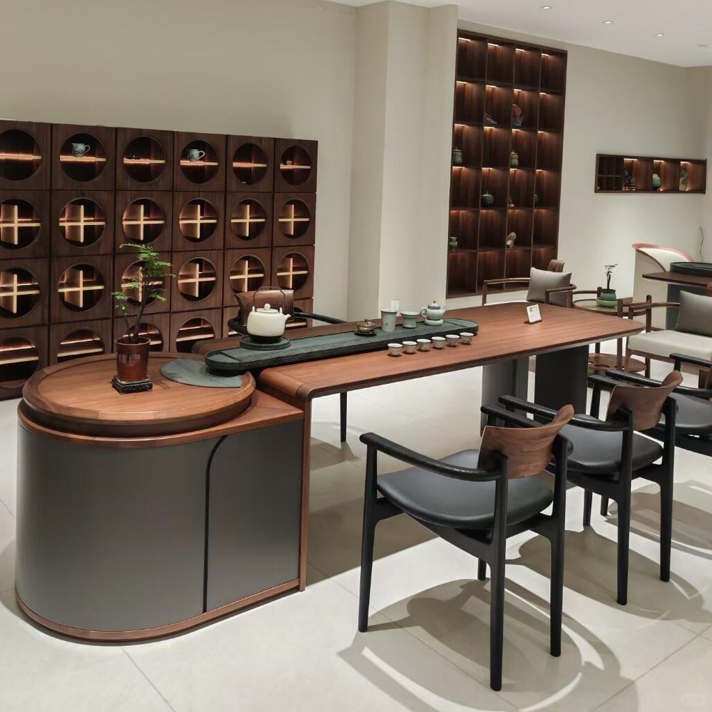 新中式实木茶桌北美黑胡桃木现代轻奢茶台家用办公茶室设计师家具