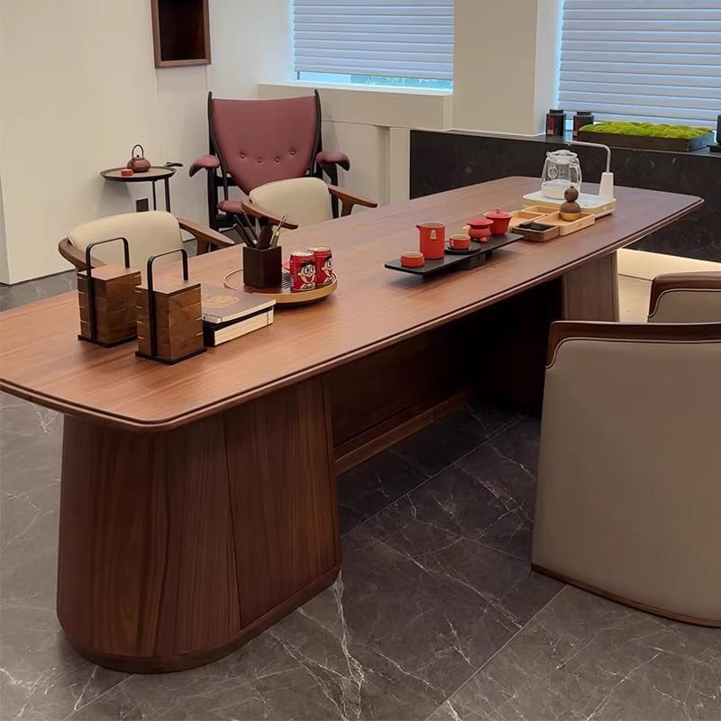 新中式北美黑胡桃木茶桌高端酒店家用办公室现代简约实木茶台定制