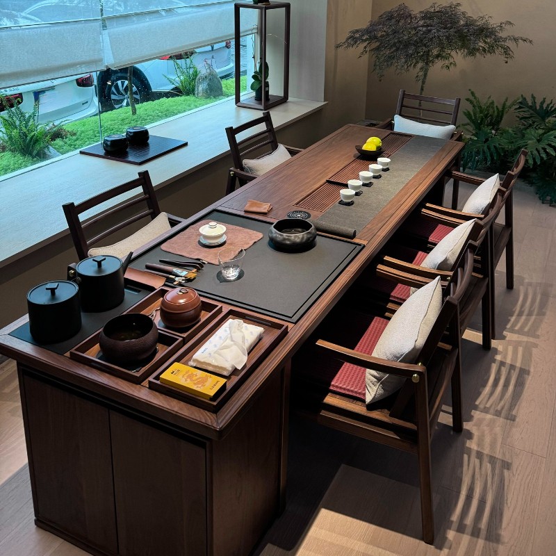 新中式北美黑胡桃木茶桌椅组合实木禅意简约高端办公茶室茶台定制