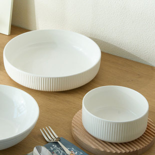 石径居家用陶瓷纯白竖纹浮雕碗竖纹窝盘创意中式吃饭碗米饭碗