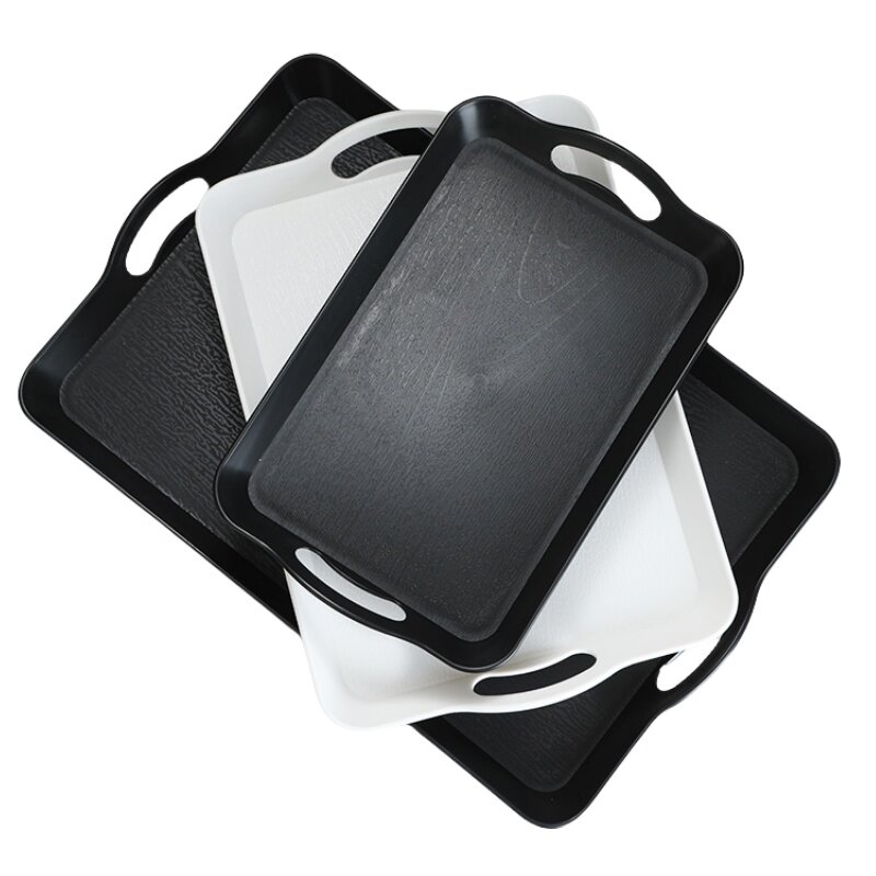 日式托盘木纹带手柄塑料端菜长方形大号酒店餐厅黑色防滑手提托盘