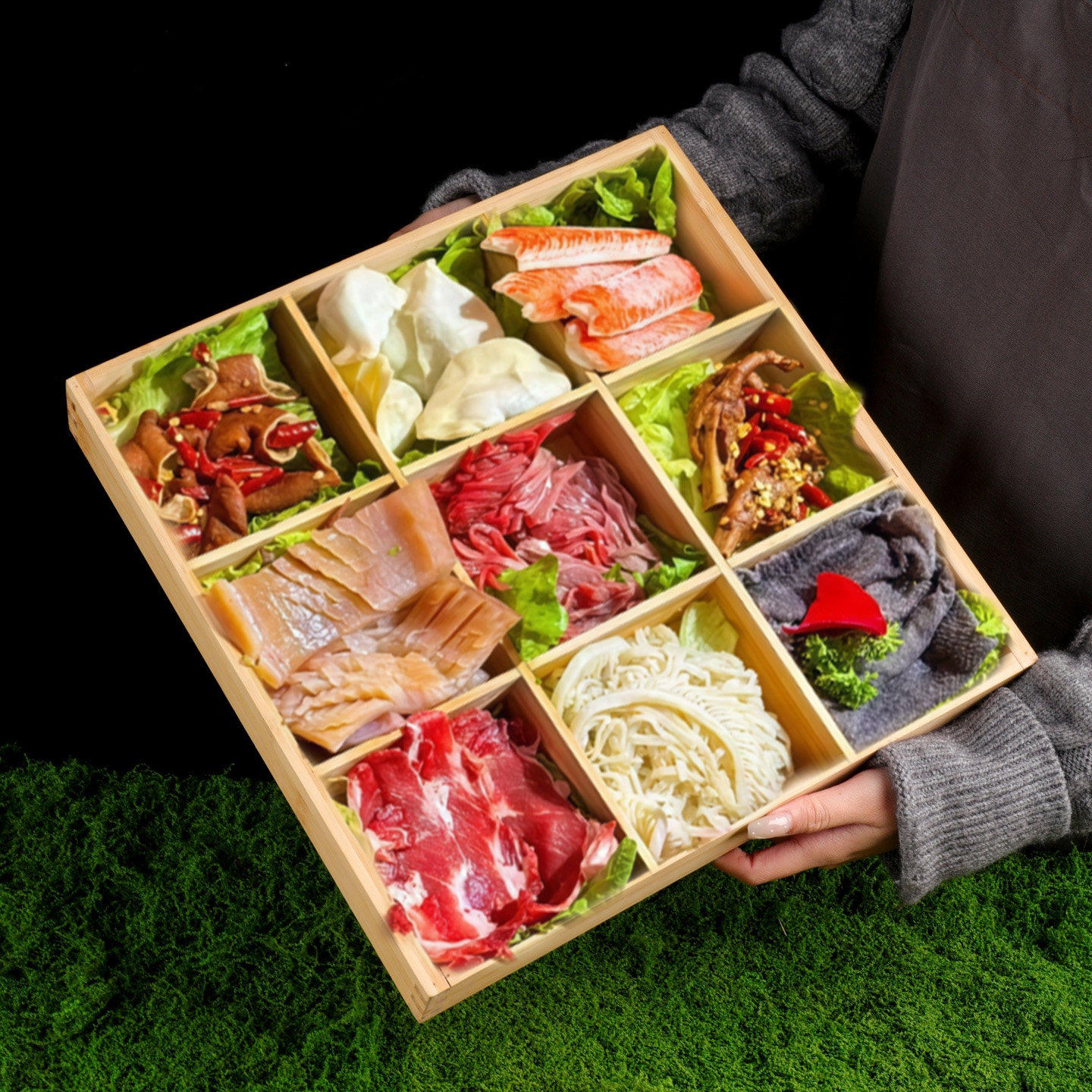 山野风创意特色酸汤火锅店蔬菜菇菌拼盘竹木四六九宫格配菜点心盘