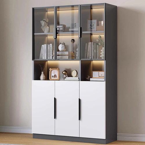 实木书柜带玻璃门一体展示柜落地