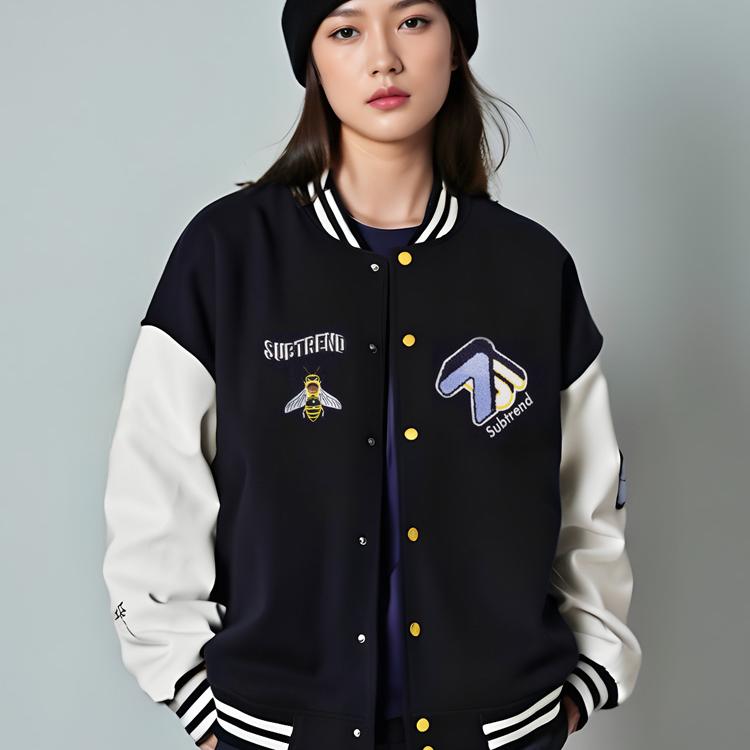 新款[SUBTREND]意大利潮牌藏青色拼接棒球服男女同款S5SM01003