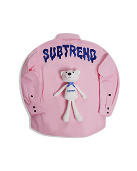 新款[SUBTREND]意大利潮牌粉红色立体小熊长袖衬衫粉色外套