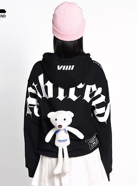 意大利SUBTREND新款黑色背后大logo立体小熊套头连帽卫衣