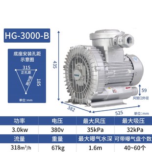 220V离心风机泵罗茨鼓风机 气泵3000W 高压漩涡风机3KW 380V旋涡式