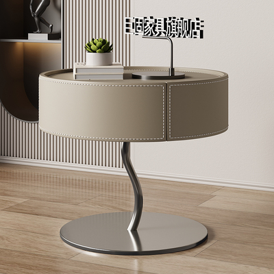 新款圆形马鞍皮实木床头柜