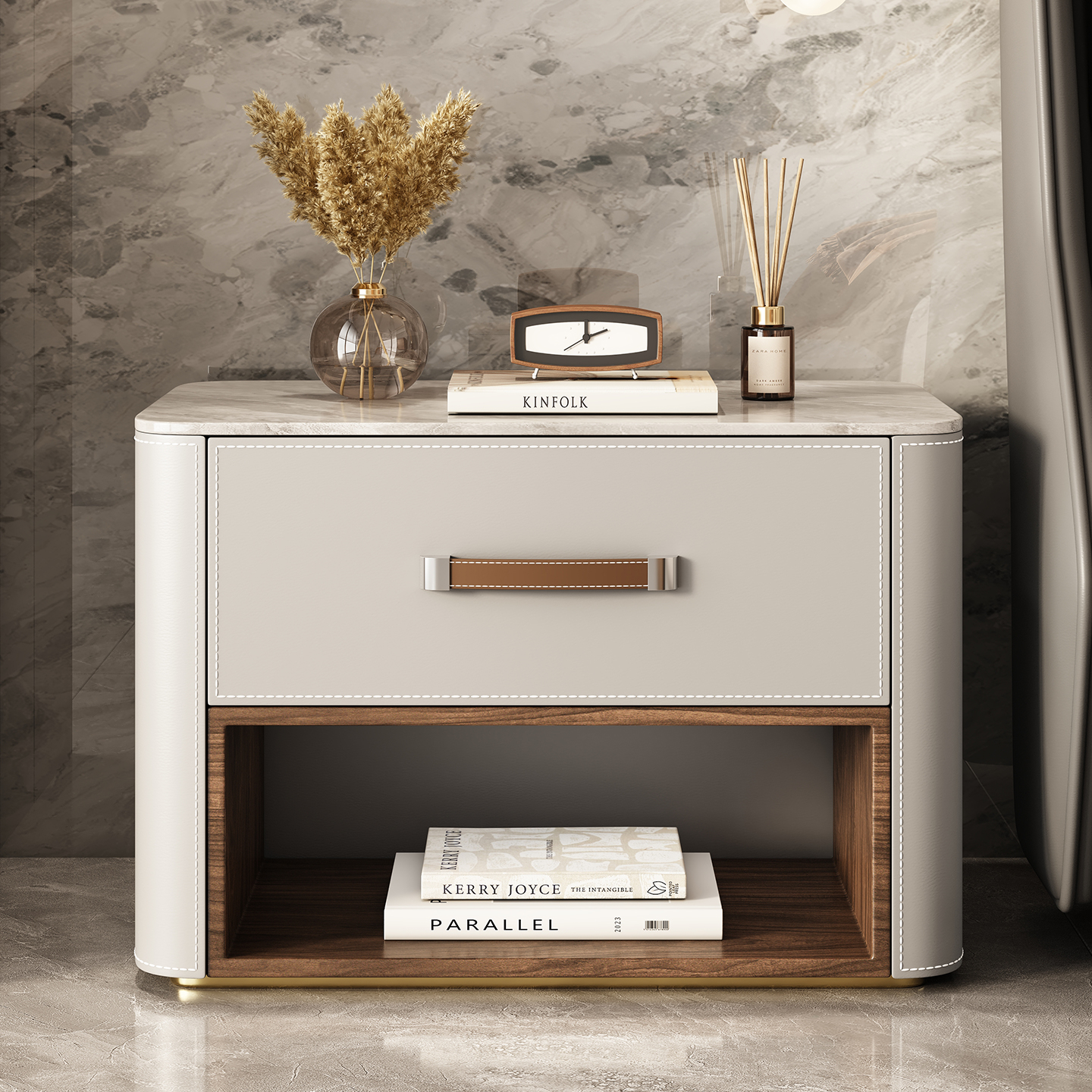 巨固原创大尺寸实木马鞍皮床头柜