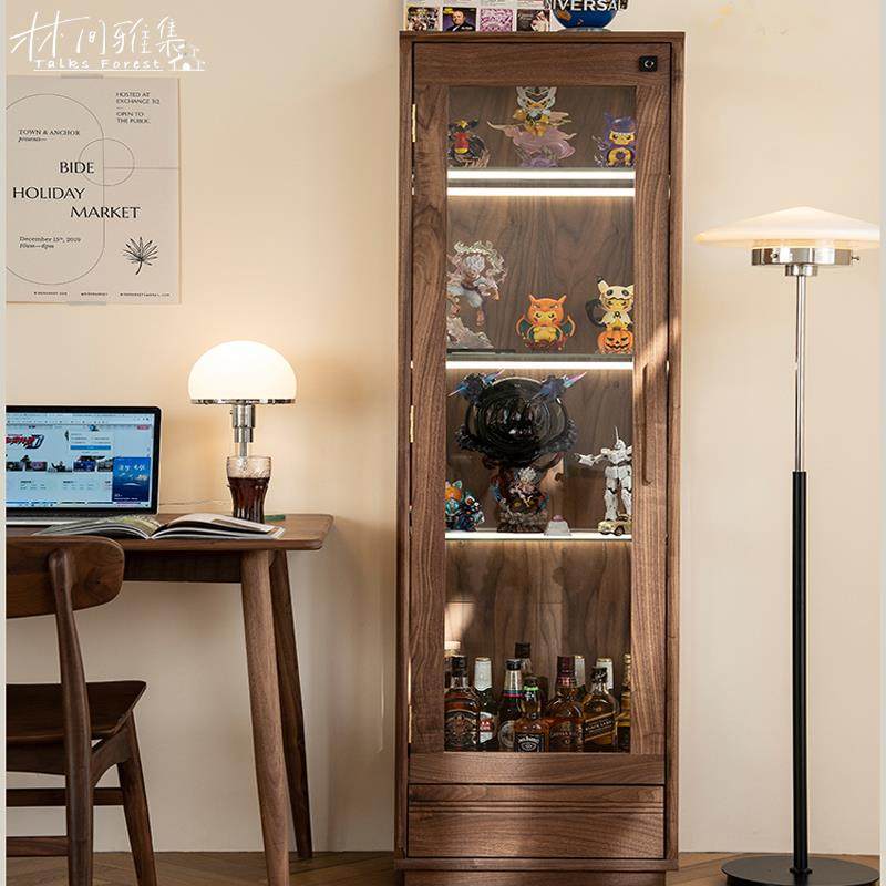 实木黑胡桃木展示柜玻璃防尘多功能柜客厅家用收纳靠墙模型收纳柜