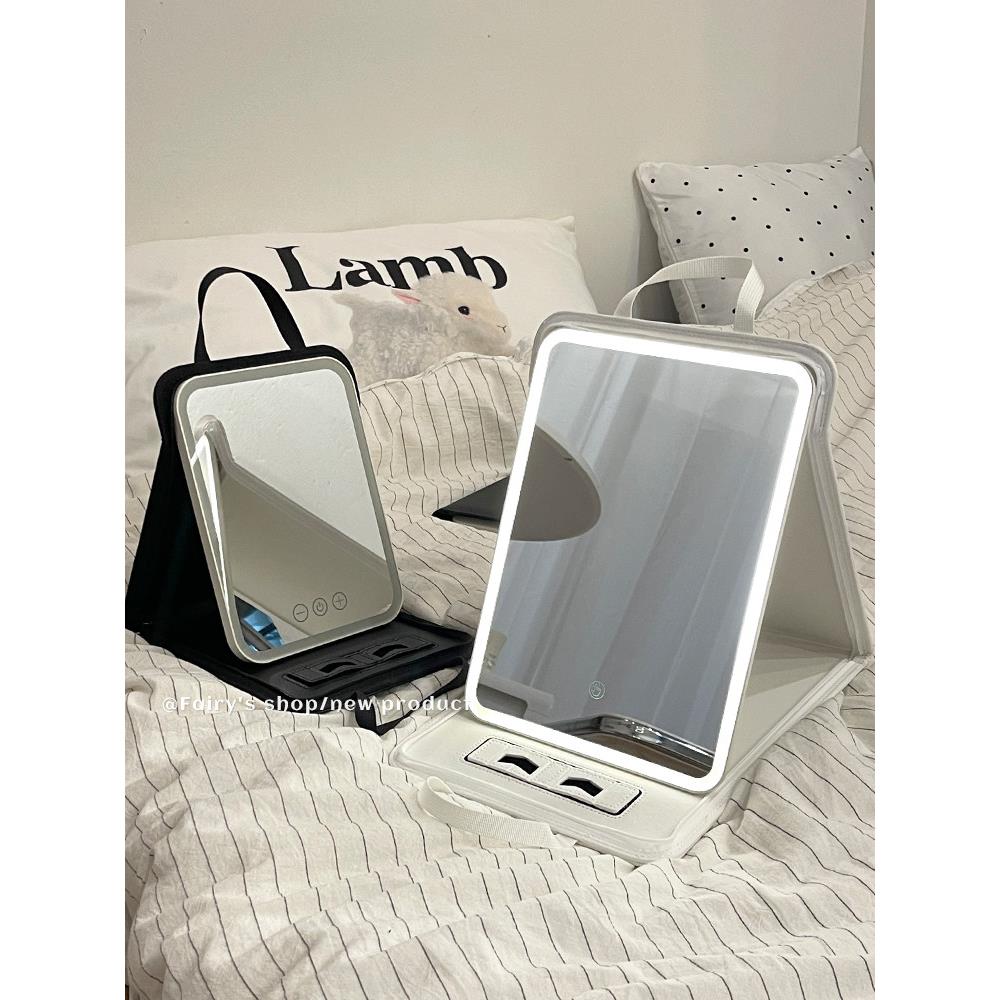 化妆镜家用梳妆台可折叠翻盖台式可立手提便携式LED补光高清镜子