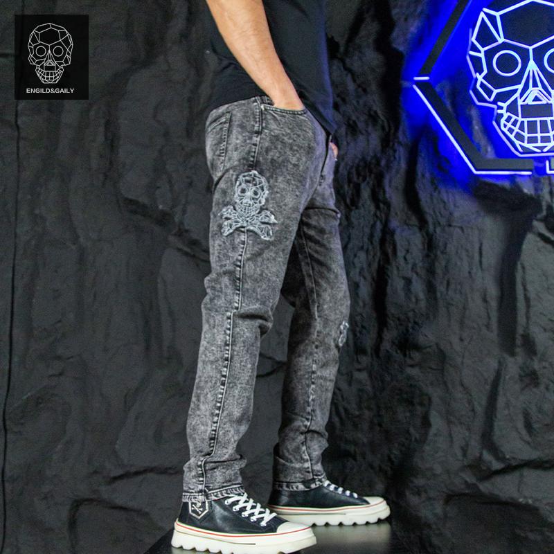 金刚铁甲骷髅头专柜正品潮牌个性美式牛仔裤修身直筒休闲长裤子男
