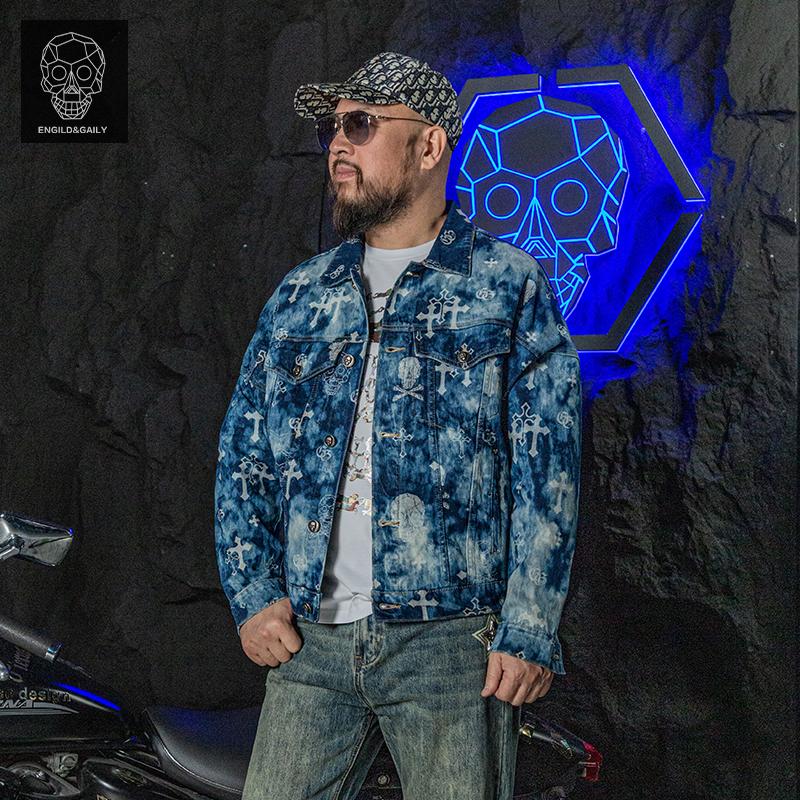 金刚铁甲骷髅头潮牌美式复古重工洗水牛仔夹克外套男