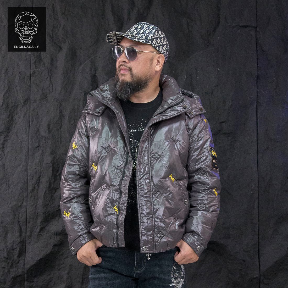 金刚铁甲骷髅头原创潮牌亮面刺绣冬加厚保暖羽绒服男短款连帽外套