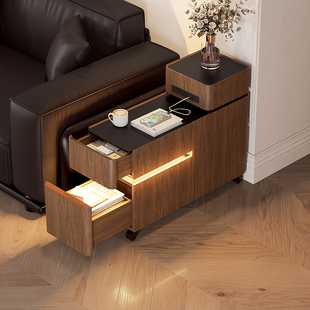 沙发边几可移动侧边柜胡桃木高级感极窄岩板茶台茶水柜沙发边柜