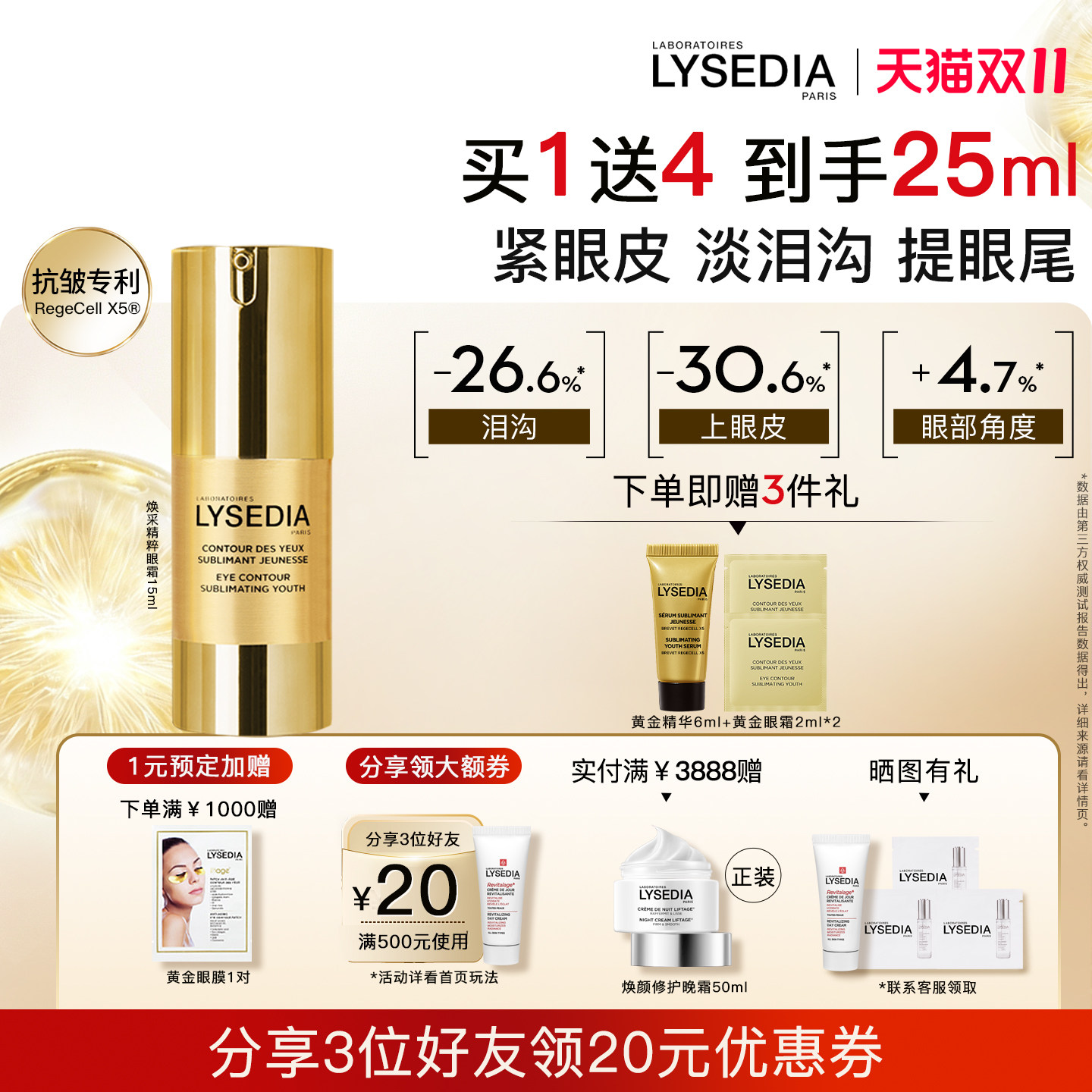 lysedia黄金线眼霜淡纹淡泪沟眼部精华抗皱紧致提松垮丰盈嘭润