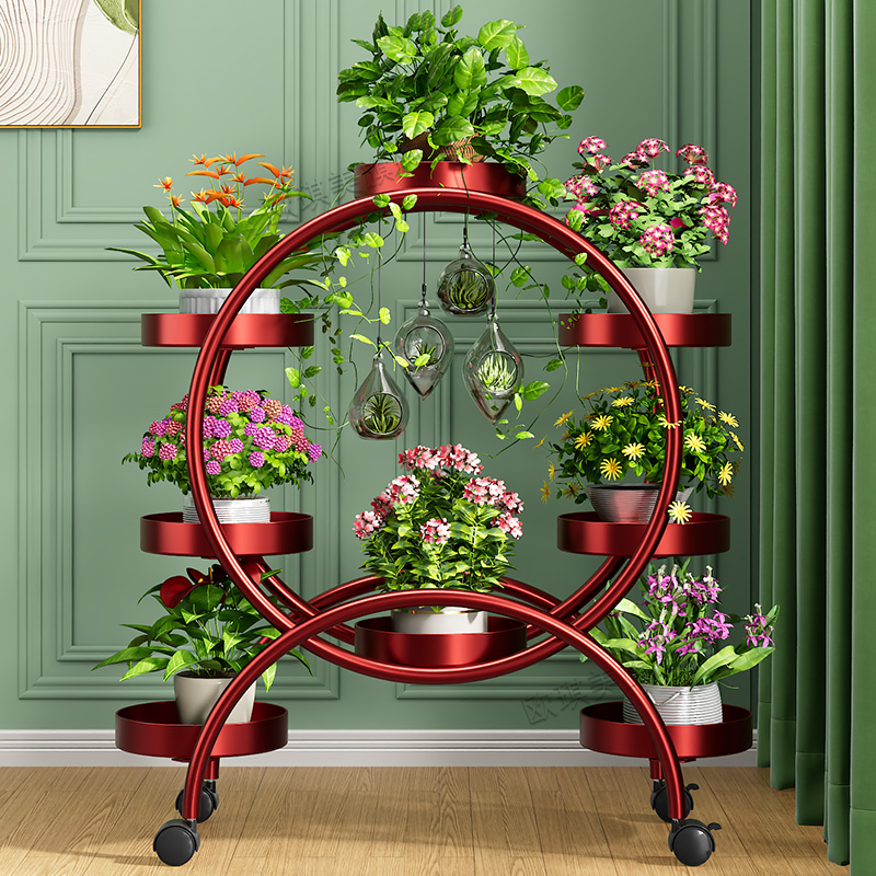 花架子客厅落地式阳台花架多层圆形带轮移动铁艺摆放置物架花盆架