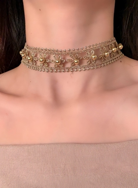 项圈女颈带高级感镂空蕾丝花朵钉珠choker项圈布艺复古锁骨链配饰